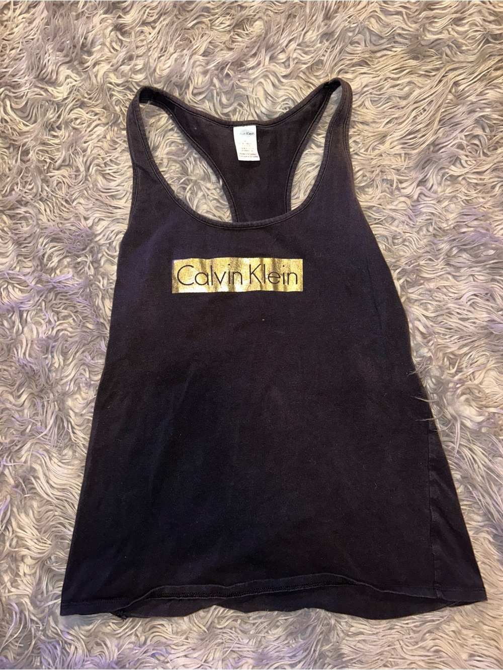 Calvin Klein Black Racerback Tank with Gold Logo Bar